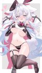  1girl @_@ absurdres animal_ears bikini black_bikini black_collar black_ribbon black_shoes black_shrug black_thighhighs blue_eyes blush bouncing_breasts bow breasts cleavage collar detached_sleeves embarrassed futaba_sharo garter_straps groin hair_between_eyes hair_ribbon highres indie_virtual_youtuber large_breasts legwear_garter lion2610 long_hair looking_at_viewer micro_bikini navel nontraditional_playboy_bunny open_mouth pink_bow playboy_bunny rabbit_ears ribbon shadow shoes shrug_(clothing) single_garter_strap single_legwear_garter swimsuit tail thighhighs thighs twintails underboob very_long_hair virtual_youtuber wavy_mouth white_background white_hair wolf_ears wolf_tail 