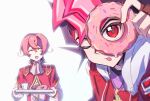  2boys :d aristocratic_clothes ascot black_hair close-up closed_eyes colored_bangs donut double-parted_bangs dress_shirt facing_another facing_viewer food gold_necklace hand_up highres holding holding_donut holding_food holding_tray hood hooded_vest hoodie iii_(yu-gi-oh!) jewelry leaning_forward looking_at_viewer looking_through_donut male_focus multiple_boys necklace one_eye_closed open_clothes open_mouth open_vest outstretched_arms pink_ascot pink_shirt purple_shirt red_eyes red_hair red_tunic shirt smile spiked_hair tearing_up trap tray tsukumo_yuma tunic vest victorian white_background white_hood wushuang566 yellow_trim yu-gi-oh! yu-gi-oh!_zexal 
