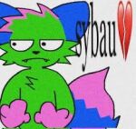 annoyed blue_body blue_ears blue_fur chest_tuft displeased domestic_cat emoji fangs felid feline felis fur gesture green_body green_fur hair kevin_(nyanwolf) low_res male mammal markings meme multicolored_tail pink_body pink_fur pink_hair pink_markings simple_background sparklefur tail teeth text thumbnail tuft unknown_artist white_background