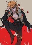  1boy arrow_(jojo) arrow_(projectile) black_coat black_jacket black_pants blending blonde_hair braid bug coat earrings flower full_body giorno_giovanna green_eyes hand_on_own_head highres holding holding_arrow jacket jewelry jojo_no_kimyou_na_bouken ladybug ladybug_ornament lighthouse_(lt_yummy) long_hair looking_at_viewer male_focus pants sitting sleeves_past_wrists solo symbolism two-tone_background vento_aureo victory_rolls 