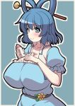  1girl bangs blue_background blue_dress blue_eyes blue_hair blush bottle breasts cleavage closed_mouth collarbone commentary_request daisy dress emina eyebrows_visible_through_hair flower hair_ornament hair_rings hair_stick hands_up highres holding holding_bottle huge_breasts kaku_seiga looking_at_viewer outline puffy_short_sleeves puffy_sleeves short_hair short_sleeves simple_background smile solo touhou upper_body vest white_outline white_vest yellow_flower 