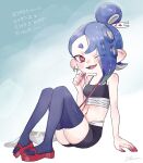  1girl black_thighhighs blue_hair breasts cephalopod_eyes commentary crop_top fang highres long_hair navel octoling official_alternate_costume okobo one_eye_closed open_mouth platform_sandals plum0o0 red_eyes red_sandals sandals shiver_(splatoon) shiver_(splatoon_raiders) short_eyebrows sitting small_breasts smile solo splatoon_(series) splatoon_raiders symbol-only_commentary teeth tentacle_hair thick_eyebrows thighhighs topknot translation_request upper_teeth_only 