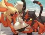 anthro anthro_on_anthro assisted_exposure beach big_butt bikini biped black_clothing black_swimwear blonde_hair blush breasts butt butt_lick clothed clothing eeveelution female female/female flareon generation_1_pokemon generation_9_pokemon group hair licking looking_back meowscarada nintendo pokemon pokemon_(species) raised_tail rilex_lenov swimwear tail tongue trio two-piece_swimsuit wide_hips yellow_sclera