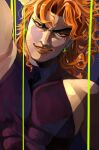  1boy black_leotard blonde_hair blue_background curtained_hair dio_brando ear_birthmark earrings eyelashes highres hoop_earrings jewelry jojo_no_kimyou_na_bouken leotard long_hair male_focus muscular muscular_male parted_bangs smirk solo stardust_crusaders togusa_jj upper_body wavy_hair yellow_eyes 