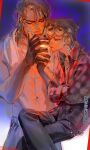  2boys absurdres black_nails black_pants blonde_hair closed_mouth commentary dio_brando earrings father_and_son giorno_giovanna highres jewangchobab jewelry jojo_no_kimyou_na_bouken lighting_cigarette long_hair male_focus multiple_boys muscular pants shirt sitting smile smoking stardust_crusaders stud_earrings topless_male twitter_username vento_aureo victory_rolls yellow_eyes 