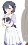  2girls black_hair blonde_hair blurry blurry_foreground blush book bow bowtie cosplay depth_of_field ear_blush embarrassed happy_meek_(umamusume) happy_meek_(umamusume)_(cosplay) highres holding holding_book kiryuin_aoi looking_at_viewer medium_hair multiple_girls nekoume open_mouth pleated_skirt puffy_short_sleeves puffy_sleeves purple_bow purple_eyes purple_neckwear purple_shirt ringed_eyes sailor_collar shirt short_sleeves simple_background skirt solo_focus standing sweat umamusume white_background white_sailor_collar white_skirt 