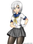  1girl black_legwear blue_eyes blue_sailor_collar breasts commentary_request cowboy_shot gloves grey_skirt hair_ornament hair_over_one_eye hairclip hamakaze_(kancolle) kantai_collection kudou_(ooabareteng) large_breasts neckerchief pantyhose pleated_skirt sailor_collar school_uniform serafuku short_hair short_sleeves silver_hair skirt solo standing white_gloves yellow_neckwear 