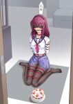  1girl absurdres angel_beats! ball_gag bdsm birthday_cake black_blindfold black_hairband black_pantyhose blindfold blue_sailor_collar blue_skirt blunt_bangs blush bondage bound bound_arms bound_legs bound_thighs bound_torso cake cap_(user_dxfj5558) commentary covered_eyes drooling embarrassed facing_viewer food fruit gag gagged green_ribbon hair_ribbon hairband highres indoors large_variant_set long_sleeves medium_hair miniskirt nakamura_yuri neckerchief no_shoes nose_blush panties pantyhose pantyshot pink_neckerchief pleated_skirt purple_hair raised_eyebrows ribbon rope sailor_collar saliva shibari shinda_sekai_sensen_uniform shirt sidelocks sitting skirt solo straight_hair strawberry thighband_pantyhose thighs toes translated underwear variant_set wariza white_panties white_shirt wiffle_gag 