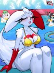 2025 absurd_res anthro bikini bikini_bulge black_hair blush bottomless breasts chest_spike clothed clothing demon digital_media_(artwork) emily_(lunaris_parukia) eyelashes eyes_closed female floppy_ears fur gardevoir generation_3_pokemon generation_4_pokemon gold_bikini golden_week green_eyes green_hair group gynomorph hair hi_res humanoid intersex legendary_pokemon looking_pleasured lunaris_parukia markings membrane_(anatomy) membranous_wings navel nintendo nipple_outline one_eye_closed open_mouth outside partially_submerged pokemon pokemon_(species) pokemorph pool_float red_body red_fur red_markings shaymee_(lunaris_parukia) shaymin sitting sky_forme_shaymin spade_tail spikes spikes_(anatomy) standing_in_water succubus swimming_pool swimwear tail trans_(lore) trans_woman_(lore) two-piece_swimsuit water wet white_body white_fur wings wink zangoose zelia_(lunaris_parukia)