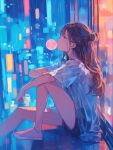  1girl abstract abstract_background ai-generated bare_legs black_hair black_shorts blowing_bubble_gum chewing_gum clenched_hand commentary_request expressionless foot_out_of_frame from_side hair_bun hair_over_shoulder half_updo hand_on_own_knee highres knee_up legs long_hair mk103781220 no_socks open_clothes open_shirt original outstretched_arm rain shirt shoes short_shorts short_sleeves shorts sidelighting sidelocks single_hair_bun sitting solo straight_hair wet wet_clothes wet_shirt white_shirt white_shoes window 