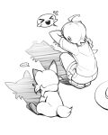  ... 1girl absurdres ahoge braid cat_shadow_puppet_(meme) commentary_request floragato greyscale hat highres hoishere7 juliana_(pokemon) long_hair meme monochrome pokemon pokemon_(creature) pokemon_sv shirt shoes short_sleeves shorts spoken_ellipsis spoken_expression squatting unworn_hat unworn_headwear 