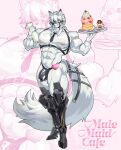 2025 abs absurd_res anthro belt big_muscles big_pecs bulge butler canid canine canis clothing collar colored cream_(food) detailed_bulge digital_drawing_(artwork) digital_media_(artwork) erection fur genitals hair harness hi_res khanthedestroyer leather leather_clothing leather_harness looking_at_viewer maid_uniform male mammal mask mihoyo muscular muscular_anthro muscular_male muscular_thighs necktie nipples outline pecs penis prosthetic red_eyes serving_food serving_tray short_hair solo standing tail tongue tongue_out uniform von_lycaon white_body white_fur white_hair wolf zenless_zone_zero