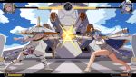  2girls absurdres admire_(nikke) armored_bodysuit blue_hair cannon coat coat_on_shoulders goddess_of_victory:_nikke hat helm_(nikke) highres jingasa large_hat machinery multiple_girls naval_jacket scarlet_(nikke) ship ship_turret sugiyamasama translation_request watercraft 