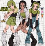  3girls alternate_costume animal_print black_boots black_hair black_skirt boots brown_hair bug butterfly butterfly_print clothing_cutout copyright_name cup dark-skinned_female dark_skin denim detached_sleeves double_bun dreadlocks drinking_glass drinking_straw english_text ermes_costello facial_mark finger_gun foo_fighters_(jojo) fu_r_y green_eyes green_hair green_tube_top grid_background hair_bun hands_on_own_knees highres jacket jeans jojo_no_kimyou_na_bouken knees_together_feet_apart kujo_jolyne long_hair midriff multicolored_hair multiple_girls outline own_hands_together pants shoes short_hair shorts skirt sneakers stone_ocean strap strapless torn_clothes torn_pants tube_top two-tone_hair unmoving_pattern white_boots white_jacket white_outline white_shoes 