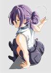  1girl artist_logo ass ass_focus automatic_giraffe black_shorts black_thighhighs chainsaw_man choker crossed_legs folded_ponytail green_eyes grenade_pin grey_background highres logo pocket purple_hair reze_(chainsaw_man) shirt shorts sitting sleeveless sleeveless_shirt smile solo thighhighs white_shirt 