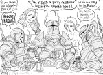  2girls 3others animal_ears armor bb_(baalbuddy) breastplate breasts burger cleavage commentary corset covered_face cup english_commentary english_text food full_armor gauntlets greyscale helmet highres holding holding_cup holding_food horned_helmet horns knight large_breasts leotard long_hair monochrome multiple_girls multiple_others original parted_lips pauldrons plate sanpaku shoulder_armor simple_background smile sword table tankard tray weapon weapon_on_back white_background 