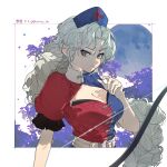  1girl absurdres belt blue_dress bow_(weapon) braid breasts cleavage closed_mouth dress expressionless green_eyes hand_up hat highres holding holding_bow_(weapon) holding_weapon long_hair looking_at_viewer medium_breasts moon nurse_cap red_dress shimiya_jin short_sleeves solo touhou tree two-tone_dress upper_body very_long_hair weapon white_background white_hair yagokoro_eirin 