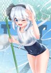  1girl absurdres black_ribbon black_swimsuit blue_eyes bob_cut chain-link_fence cleaning_brush commentary_request cowboy_shot empty_pool fence hair_ribbon highres hose konpaku_youmu konpaku_youmu_(ghost) leaning_forward one_eye_closed ribbon rital school_swimsuit shirt short_hair silver_hair solo swimsuit t-shirt touhou water wet wet_clothes wet_shirt wet_t-shirt white_shirt 