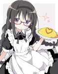  1girl ai-generated akemi_homura alternate_costume apron black_bow black_dress black_hair bow braid collar dress enmaided food frilled_dress frills glasses grey_background hair_ribbon hairband highres holding holding_food kwg light_blush long_hair mahou_shoujo_madoka_magica maid maid_apron omelet omurice pout purple_eyes red-framed_eyewear ribbon semi-rimless_eyewear solo sparkle sweat twin_braids two-tone_background white_background white_collar 