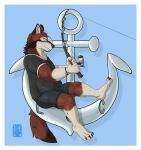 2025 absurd_res anchor anthro canid canine canis claws colored digital_media_(artwork) echo_(game) echo_(series) echo_project fishing fishing_rod full-length_portrait garo_(artist) hi_res leo_alvarez line_art looking_away male mammal portrait red_wolf shaded simple_background sitting solo tail wolf