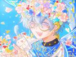  1boy :d aaaaap7302 black_shirt blue_hair blue_scarf blush chinese_commentary closed_eyes commentary_request earrings eyewear_strap falling_petals fishnet_gloves fishnets flower glasses gloves hair_between_eyes head_wreath highres ike_eveland ike_eveland_(1st_costume) jewelry male_focus nijisanji nijisanji_en open_mouth petals pink_flower portrait quilldren_(ike_eveland) scarf shirt short_hair smile solo virtual_youtuber 