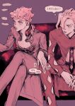  2boys absurdres black_necktie blank_speech_bubble blonde_hair braid bug clothing_cutout crossed_legs double-parted_hair earrings food-themed_earrings giorno_giovanna grey_eyes hand_on_another&#039;s_knee highres jacket jewelry jojo_no_kimyou_na_bouken ladybug ladybug_ornament long_hair looking_at_another male_focus multiple_boys necktie okokoro_zaiku pale_color pannacotta_fugo pants red_eyes shirt sitting speech_bubble strawberry_earrings thought_bubble vento_aureo victory_rolls white_hair yaoi 
