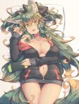  1girl animal_ear_fluff animal_ears ass_visible_through_thighs bare_shoulders black_bow black_jacket black_panties bow breasts brown_hair cleavage collarbone commentary_request eyebrows_visible_through_hair fang green_eyes green_hair hair_between_eyes hair_bow handheld_game_console highres holding holding_handheld_game_console jacket kuromiya kuromiya_raika large_breasts long_sleeves looking_at_viewer lying multicolored_hair navel nintendo_switch off_shoulder on_back open_mouth original panties pillow solo tail thighs two-tone_hair underwear zipper 