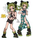  1girl aqua_outline aqua_skirt aqua_tank_top black_boots black_hair black_skirt black_tank_top boots braid breasts bun_with_braided_base butterfly_tattoo cone_hair_bun crop_top cuffs double_bun fu_r_y green_boots green_eyes green_hair green_lips hair_bun handcuffs highres jojo_no_kimyou_na_bouken kujo_jolyne looking_at_viewer looking_down middle_finger miniskirt multicolored_hair multiple_views outline skirt small_breasts speech_bubble spider_web_print stone_ocean sweatdrop tank_top tattoo two-tone_hair white_background 