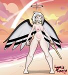 2025 4_fingers 4_toes absurd_res angel angel_humanoid angry areola beach black_halo bodily_fluids breasts cleft_of_venus fangs feathered_wings feathers feet female fingers genital_fluids genitals glaring_at_viewer halo hazbin_hotel hi_res holding_melee_weapon holding_object holding_sword holding_weapon humanoid innie_vulva lunaris_parukia lute_(hazbin_hotel) melee_weapon navel nipples nude nude_beach pink_areola pink_nipples solo striped_wings stripes superabsurd_res sword teeth toes vaginal_fluids vulva weapon wings yellow_eyes