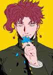  1boy asymmetrical_bangs blue_flower cherry_earrings closed_eyes curtained_hair earrings flower flower_to_mouth food-themed_earrings forget-me-not_(flower) gakuran hand_up highres holding holding_flower jewelry jojo_no_kimyou_na_bouken kakyoin_noriaki lighthouse_(lt_yummy) male_focus petals red_hair school_uniform short_hair smile solo stardust_crusaders straight-on yellow_background 