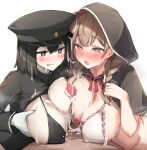  1boy 2girls @_@ absurdres after_ejaculation after_paizuri ahoge akitsu_maru_(kancolle) bikini black_bikini black_eyes black_hair black_hat black_jacket braid breasts brown_eyes brown_hair bukkake capelet commission cooperative_paizuri covered_nipples cum cum_on_body cum_on_breasts cum_on_clothes cum_on_hair embarrassed facial ffm_threesome gloves group_sex hat heart heart-shaped_pupils highres huge_breasts jacket kantai_collection licking_lips looking_at_viewer medium_hair military_hat military_jacket multiple_girls open_mouth paizuri paizuri_under_clothes peaked_cap peanut_mouth pov sabo_(12454861) shinshuu_maru_(kancolle) sideboob_paizuri simple_background skeb_commission smile swimsuit symbol-shaped_pupils teamwork_(sexual) teeth threesome tongue tongue_out twin_braids white_background white_bikini white_gloves zenra 