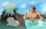  2boys absurdres alcohol arm_tattoo bath facial_hair glasses highres laughing male_focus multiple_boys muscular muscular_male mustache nipples one_piece onsen outdoors red_hair sake scar scopper_gaban shanks_(one_piece) smoke tattoo toned toned_male topless_male water wize_(hizewiro) 