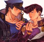  2boys anchor_ornament black_hair black_jacket blood blood_on_face blood_on_hands blue_eyes blue_shirt chain diamond_wa_kudakenai earrings english_text gakuran hat higashikata_josuke highres jacket jewelry jojo_no_kimyou_na_bouken kujo_jotaro looking_at_another male_focus multiple_boys nosebleed parted_lips peace_symbol pompadour purple_eyes purple_hair purple_jacket purple_shirt school_uniform shirt stardust_crusaders time_paradox togusa_jj uncle_and_nephew watermark white_background 