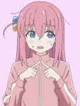  1girl anime_coloring averting_eyes blue_eyes bocchi_the_rock! commentary_request embarrassed gotoh_hitori hair_between_eyes highres index_fingers_together jacket long_sleeves medium_hair partial_commentary pink_background pink_hair pink_jacket pixel_art side_ahoge simple_background solo sweatdrop track_jacket upper_body yuru_kaze 