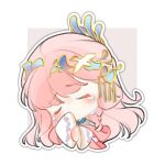  1girl bird bird_hair_ornament blue_collar braid chibi chinese_clothes chinese_commentary closed_eyes collar commentary_request covering_own_mouth crane_(animal) cropped_torso grey_background hair_bun hair_ornament hanfu head_tilt huizi light_blush long_hair long_sleeves nikki_(nikki) nikki_(series) outline pink_hair pink_shawl sad second-party_source shawl side_braid single_braid single_side_bun sleeves_past_fingers sleeves_past_wrists solo swept_bangs teardrop tearing_up two-tone_background very_long_hair white_background white_hanfu white_outline wide_sleeves yunjian 