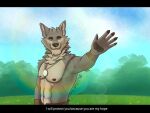  4:3 abs amulet anthro athletic athletic_anthro athletic_male brown_body brown_fur canid canine canis clothed clothing cloud english_text far_beyond_the_world_(series) flower forest forest_background fur green_eyes head_tuft hi_res lens_flare maiitsohkurai male mammal meadow multicolored_body multicolored_fur nature nature_background navel neck_tuft nipples partially_clothed pawpads plant raised_arm ranok_(far_beyond_the_world) sky smile solo text topless_male tree tuft two_tone_body two_tone_fur video_games visual_novel wolf 