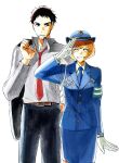  1boy 1girl armband babakun belt belt_buckle black_hair black_pants blue_hat blue_jacket blue_necktie blue_skirt blush buckle buttons cigarette closed_eyes collared_shirt doujima_ryoutarou facial_hair facing_viewer feet_out_of_frame gloves green_armband grey_shirt grin hat highres holding holding_jacket holding_unworn_clothes jacket jacket_over_shoulder long_sleeves mouth_hold necktie pants persona persona_4 police police_hat police_uniform policewoman red_necktie salute satonaka_chie shirt short_hair skirt smile unworn_jacket white_background white_gloves white_shirt 