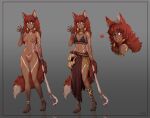  1girl :p animal_ears bare_shoulders barefoot breasts brown_hair commentary commission completely_nude d-rex dark-skinned_female dark_skin english_commentary fox_ears fox_girl fox_tail full-body_tattoo full_body grey_background hair_tubes hand_up heart heart_tattoo holding holding_staff long_hair looking_at_viewer making-of_available multiple_views navel nipples nude one_eye_closed original pelvic_curtain pubic_tattoo pussy red_eyes simple_background skull small_breasts staff tail tattoo tongue tongue_out waving 