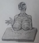 absurd_res big_breasts boa_(snake) breasts dakar3 fair_argument_(meme) female front_view furniture graphite_(artwork) hi_res lucy_(dakar3) meme nipples non-mammal_breasts non-mammal_nipples reptile scalie simple_background snake solo table thick_thighs traditional_media_(artwork) white_background wide_hips