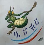  antennae_(anatomy) anthro arthropod arthropod_abdomen decal exoskeleton female green_body green_exoskeleton hand_on_leg hi_res multi_arm multi_limb nose_art raised_leg ramul solo suggestive_pose yellow_eyes 