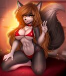  adorableinall anthro breasts brown_hair canid canine canis clothed clothing collar digital_media_(artwork) eyelashes female fingers fur hair hi_res karen_schitts looking_at_viewer mammal orange_eyes smile solo wolf 