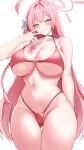  1girl ahoge ass_visible_through_thighs bikini blue_archive blush bow braid breasts cameltoe cleavage cowboy_shot green_eyes hair_bow hair_intakes halo hanako_(blue_archive) hanako_(swimsuit)_(blue_archive) hand_up highres huge_ahoge john_zhang large_breasts long_hair looking_at_viewer navel partially_visible_vulva pink_bikini pink_hair pink_halo simple_background single_braid skindentation smile solo swimsuit thigh_gap thighs white_background white_bow 