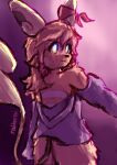alolan_form alolan_raichu ambiguous_gender anthro blue_eyes bottomless clothed clothing generation_1_pokemon generation_7_pokemon hair hi_res jacket jacket_around_waist jacket_only long_hair looking_back nintendo orange_body pokemon pokemon_(species) purple_lighting rai_(raidev) raichu raidev rear_view regional_form_(pokemon) ribbons rim_light solo tail topwear topwear_only