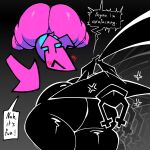 2025 2_horns ^_^ angry anthro antlers armless arrow_(weapon) bent_back big_butt black_antlers black_body black_butt black_speech_bubble black_text blue_clothing blush blush_lines butt clothing computer_virus_(species) cross-popping_vein dark_body dark_butt darkner deer deltarune digital_media_(artwork) duo english_text exclamation_point eyes_closed featureless_legs female female_anthro floating glistening glistening_butt glistening_legs glistening_thighs gradient_background hi_res holding_object holding_ranged_weapon holding_weapon holding_with_two_hands horn huge_butt huge_thighs mammal nanodude78 pink_body pink_butt pink_horn pink_tail pointy_speech_bubble ranged_weapon rectangular_speech_bubble red_blush roaring_knight shadow_creature short_stack short_tail simple_background smile speech_bubble tail text thick_thighs undertale_(series) virovirokun weapon white_speech_bubble white_text wide_hipped_anthro wide_hipped_female wide_hips