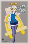 2:3 battle_plug blonde_hair blue_bottomwear blue_clothing blue_footwear blue_legwear blue_mouth blue_shirt blue_shoes blue_shorts blue_tongue blue_topwear bottomwear clothing concordian connie_(mario) dialogue eyes_closed female flat_chested flats_(shoes) footwear gem grey_background hair hat headgear headwear hi_res humanoid jewelry legwear mario_and_luigi:_brothership mario_and_luigi_(series) mario_bros messy_hair nintendo open_mouth red_jewelry ruby_(gem) shirt shoes short_hair shorts simple_background smile solo speech_bubble thick_thighs thigh_highs tongue topwear white_body white_skin zaraunitymasters