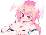  1boy 1girl :&lt; animal_ears blush breasts bunny_ears cleavage collarbone detached_sleeves hetero highres japanese_clothes long_hair looking_down ls-lrtha original paizuri penis pink_hair rabbit_girl red_eyes simple_background solo_focus sweat thick_eyebrows white_background 