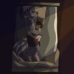  1:1 anthro bed bedroom bottomwear caelan_(far_beyond_the_world) canid canine canis clothing cuddling digitigrade duo eyeless eyes_closed far_beyond_the_world_(series) fluffy fluffy_tail fur furniture head_tuft hi_res human male male/male mammal multicolored_body multicolored_fur neck_tuft quickk ranok_(far_beyond_the_world) shorts simple_background size_difference sleeping smile topless_male tuft two_tone_body two_tone_fur video_games visual_novel wolf 