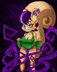 absurd_res anthro big_breasts breasts buckteeth clothed clothing clothing_lift dark_background dress dress_lift ear_piercing female fuzzycogs hair hi_res inner_ear_fluff mammal panties piercing purple_eyes purple_hair rodent sciurid solo spiral_eyes tail teeth tendrils tree_squirrel tuft underwear