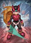 armor black_eyes blonde_hair copy_x_(mega_man) energy_sword forehead_jewel full_body helmet highres holding holding_sword holding_weapon long_hair male_focus mega_man_(series) mega_man_zero_(series) multiple_boys pantheon_(mega_man) red_armor red_helmet saiykik solo_focus sword weapon z_saber zero(z)_(mega_man) zero_(mega_man) 