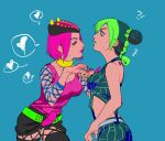  !? 2girls aqua_background bare_shoulders belt birthmark black_pants black_skirt black_tank_top blush braid breasts bun_with_braided_base cowboy_shot double_bun drawn_heart fake_horns fishnet_sleeves fishnets flying_sweatdrops genderswap genderswap_(mtf) green_eyes green_hair green_lips grey_belt hair_bun hand_grab hat heart horned_hat horned_headwear horns joestar_birthmark jojo_no_kimyou_na_bouken kujo_jolyne lighthouse_(lt_yummy) lipstick makeup medium_breasts multicolored_hair multiple_girls narciso_anasui pants pink_eyes pink_hair pink_lips pink_shirt pink_tank_top shirt short_hair skirt small_breasts spider_web_print spoken_heart stone_ocean sweatdrop tank_top two-tone_hair yuri 